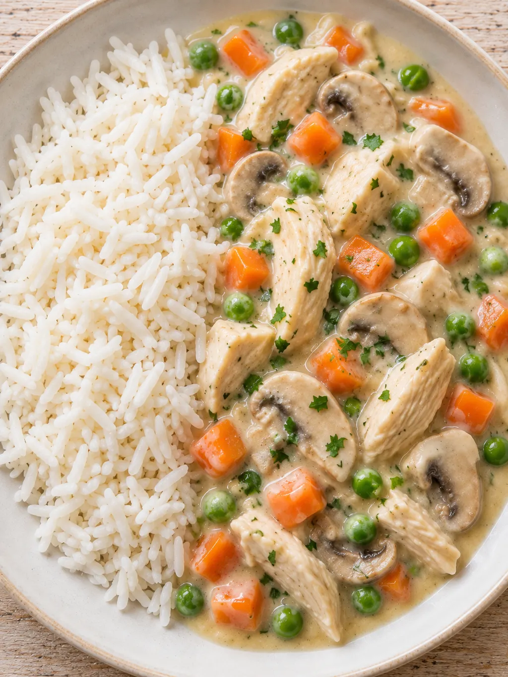 Cremiges Hühnerfrikassee mit Erbsen, Möhren, Champignons und lockerem Reis