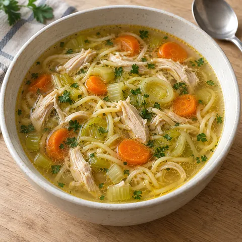 Hühnersuppe mit Eiernudeln, Möhren, Sellerie, Lauch und Petersilie in einer hellen Schale