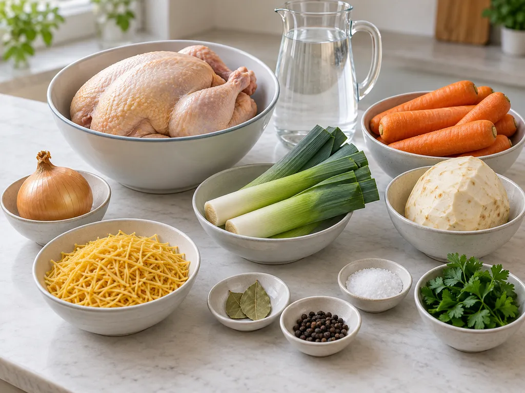 Suppenhuhn, Möhren, Sellerie, Lauch, Zwiebel, Eiernudeln, Gewürze und Petersilie