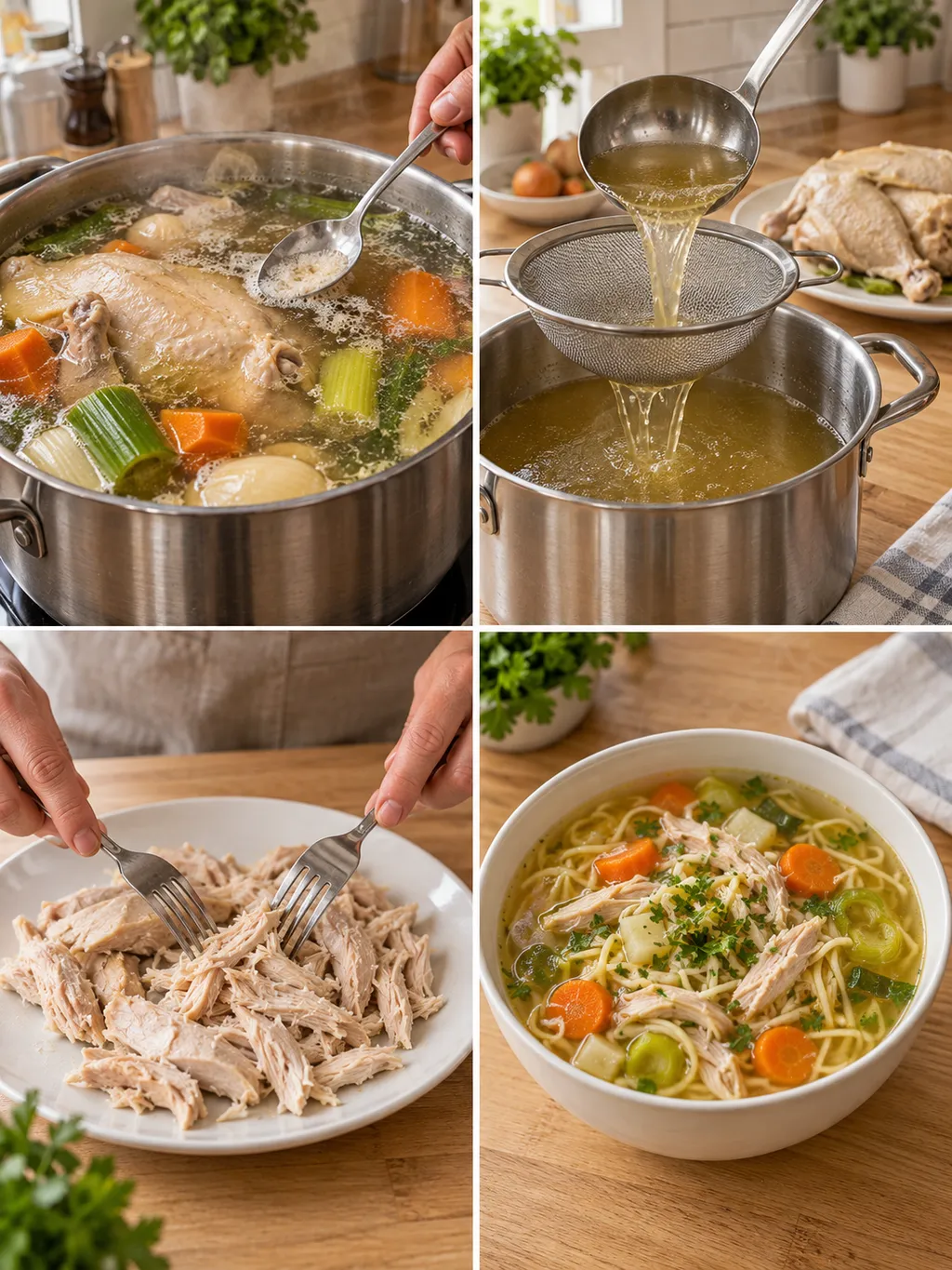 Brühe abschöpfen und abseihen, Hühnerfleisch zupfen und fertige Hühnersuppe servieren