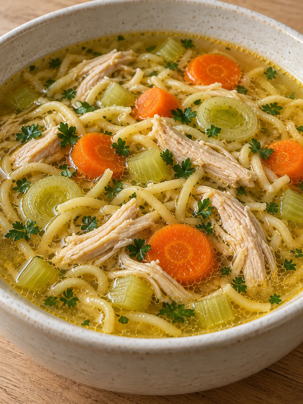 Goldgelbe Hühnersuppe mit gezupftem Fleisch, Eiernudeln, Gemüse und gehackter Petersilie