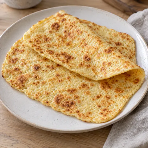 Dünnes Hüttenkäse-Fladenbrot mit goldbraunen Backstellen auf einem hellen Teller