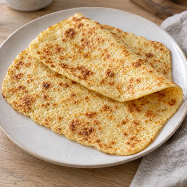 Dünnes Hüttenkäse-Fladenbrot mit goldbraunen Backstellen auf einem hellen Teller