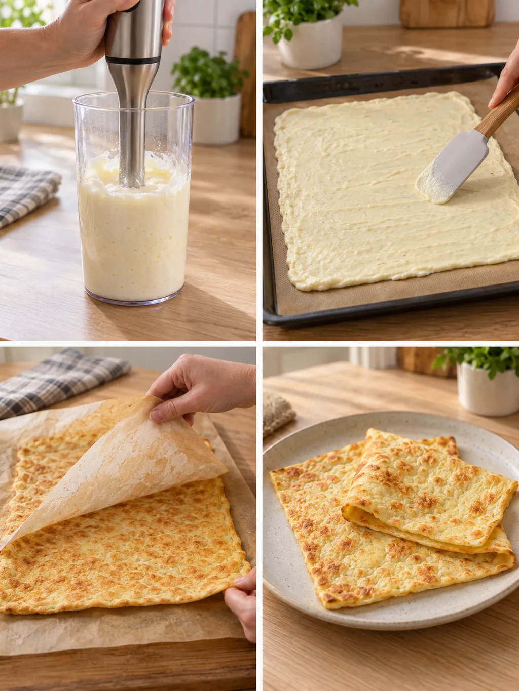 Hüttenkäse-Fladenbrot beim Pürieren, Verstreichen, Ablösen und fertig auf dem Teller