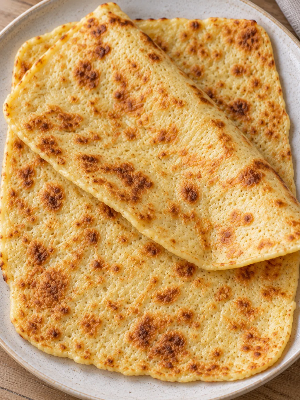 Goldbraunes Hüttenkäse-Fladenbrot, flach und locker gefaltet auf einem Keramikteller
