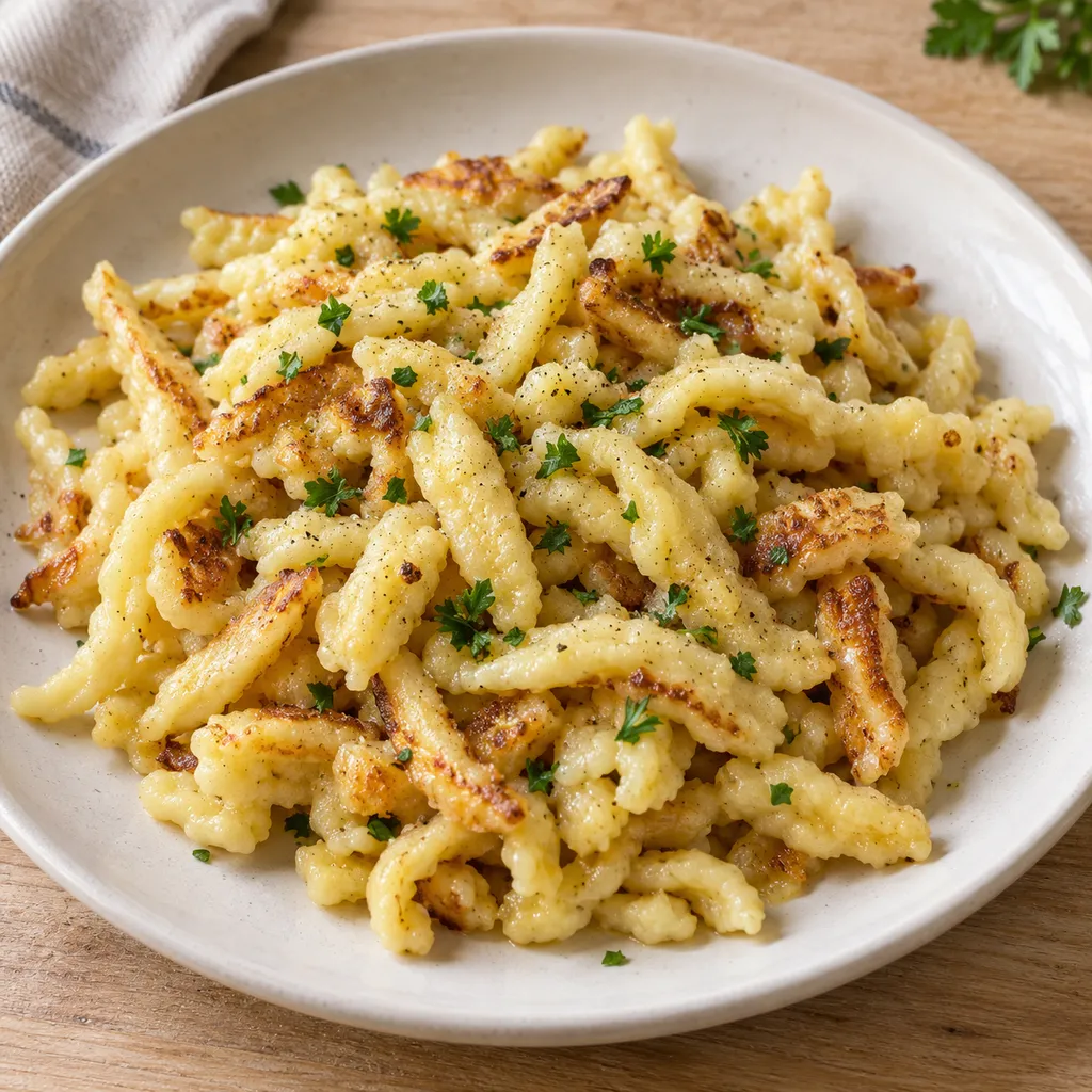 In Butter gebratene Spätzle mit goldbraunen Stellen und gehackter Petersilie