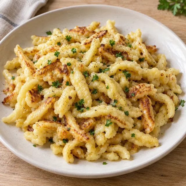 In Butter gebratene Spätzle mit goldbraunen Stellen und gehackter Petersilie