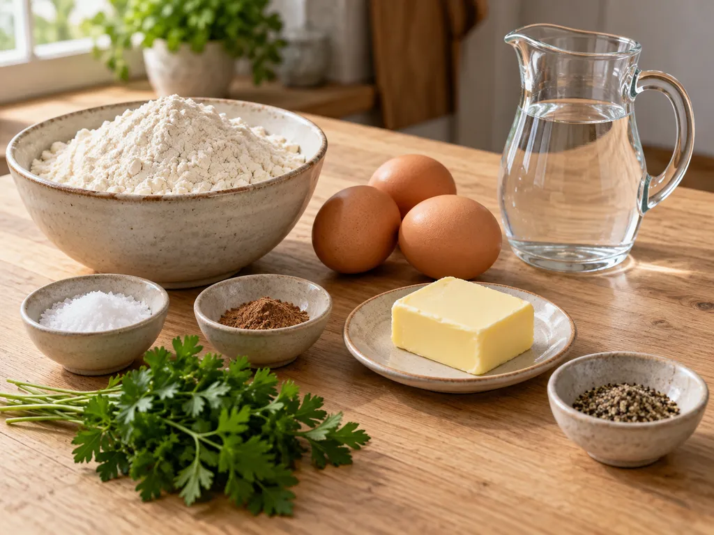 Mehl, drei Eier, Wasser, Salz, Muskat, Butter, Petersilie und Pfeffer für Spätzle