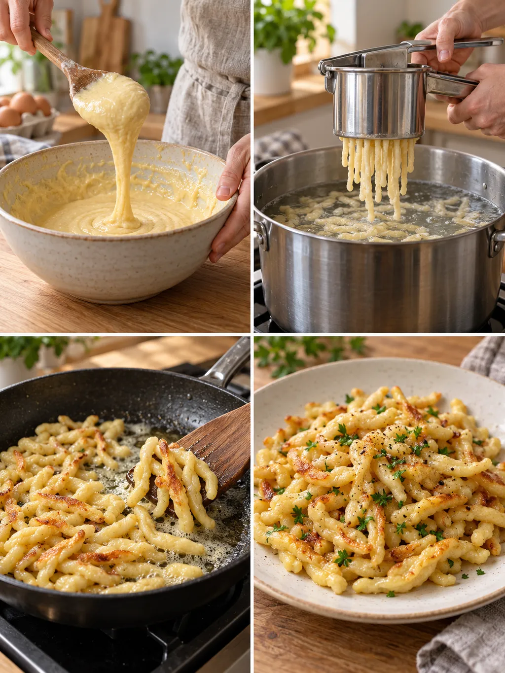 Spätzleteig schlagen, Spätzle kochen, in Butter braten und mit Petersilie servieren