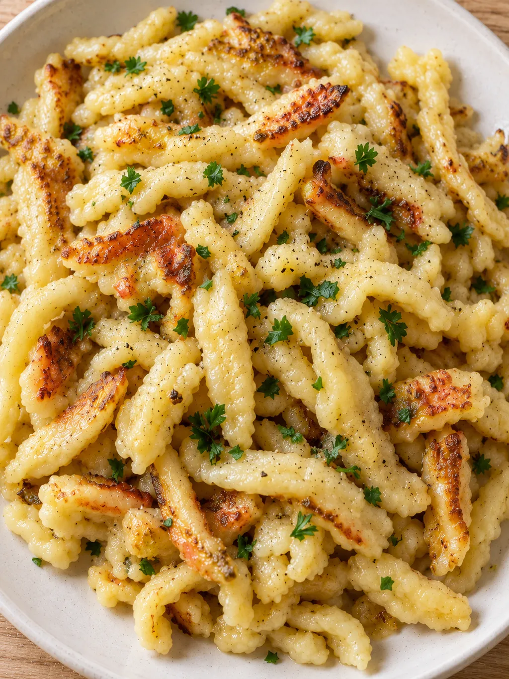 Goldbraun gebratene Butter-Spätzle mit Petersilie und schwarzem Pfeffer auf hellem Teller