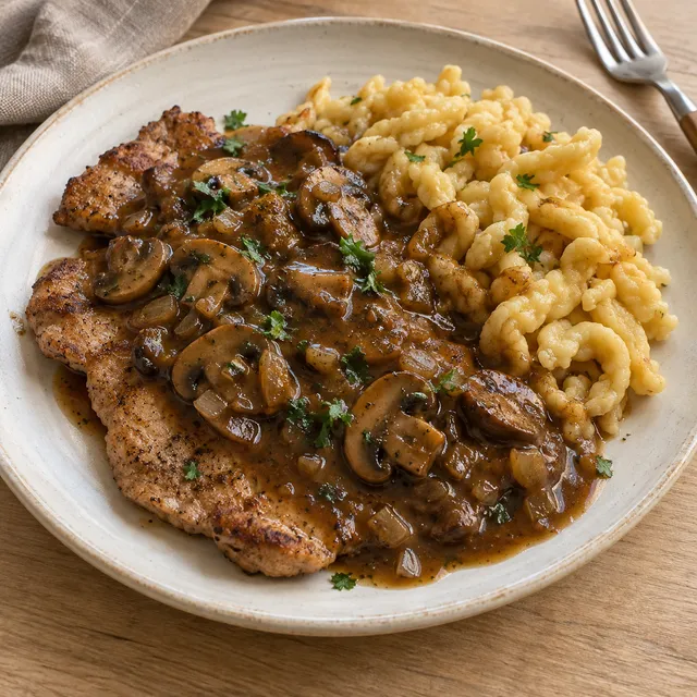 Jägerschnitzel mit dunkler Champignonsoße, Spätzle und Petersilie