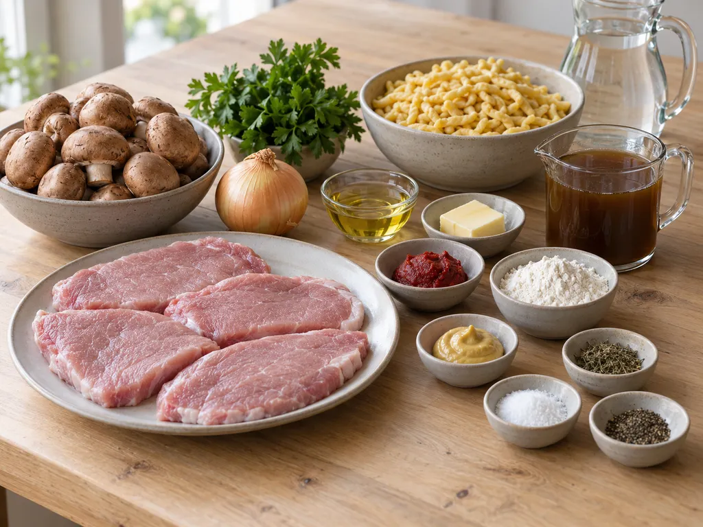 Schweineschnitzel, Champignons und weitere Zutaten für Jägerschnitzel mit Spätzle