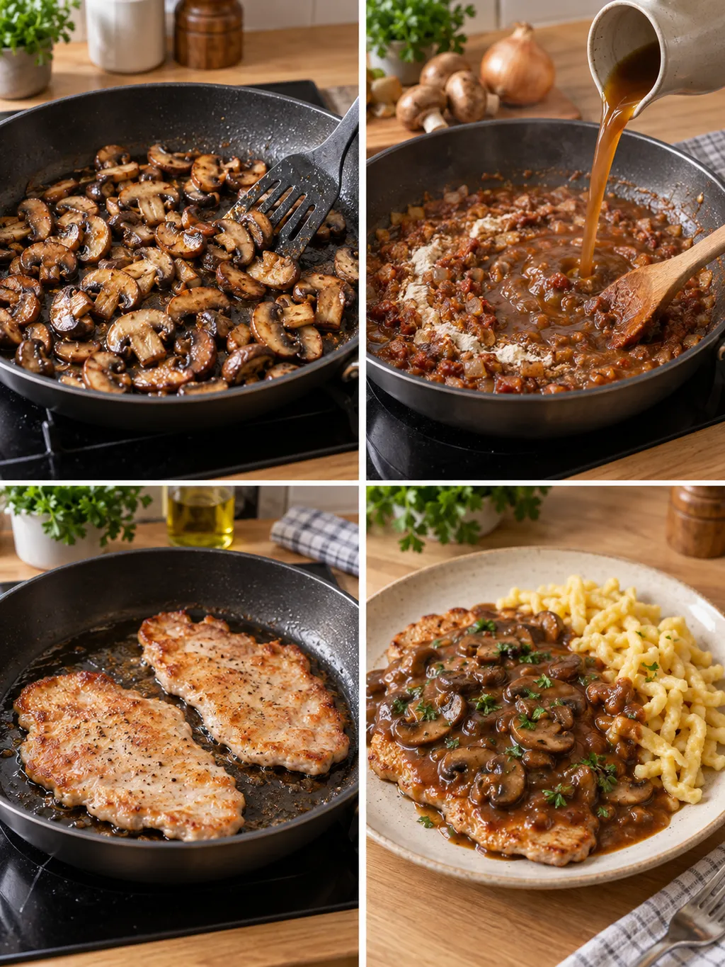Pilze braten, Soße anrühren und Schnitzel braten bis zum fertigen Jägerschnitzel