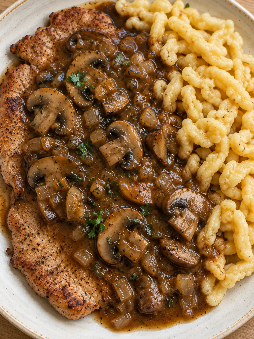 Unpaniertes Jägerschnitzel mit Champignonsoße und Spätzle auf einem hellen Teller