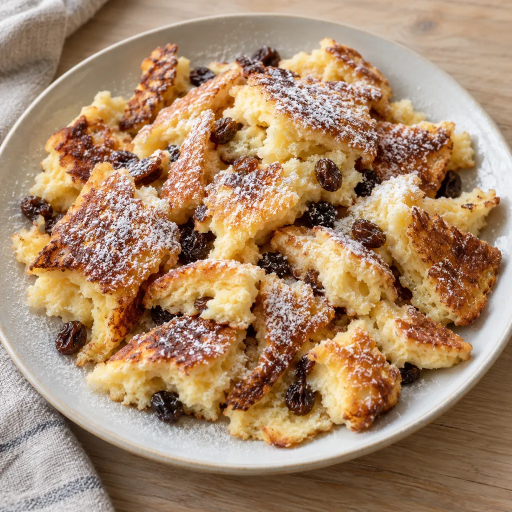 Goldbrauner Kaiserschmarrn mit Rosinen und Puderzucker auf einem hellen Teller