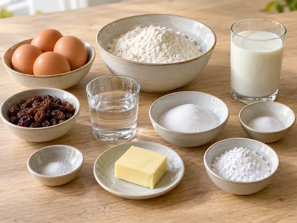 Eier, Milch, Mehl, Butter, Rosinen und Zucker für Kaiserschmarrn