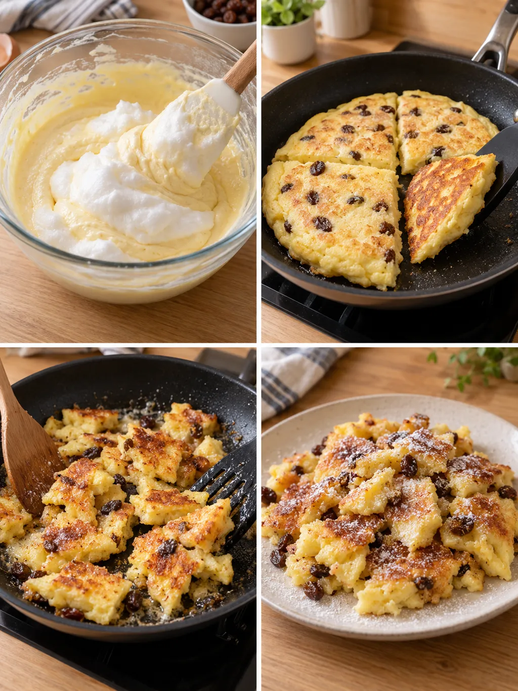 Kaiserschmarrn vom Unterheben des Eischnees bis zu den goldbraunen fertigen Stücken