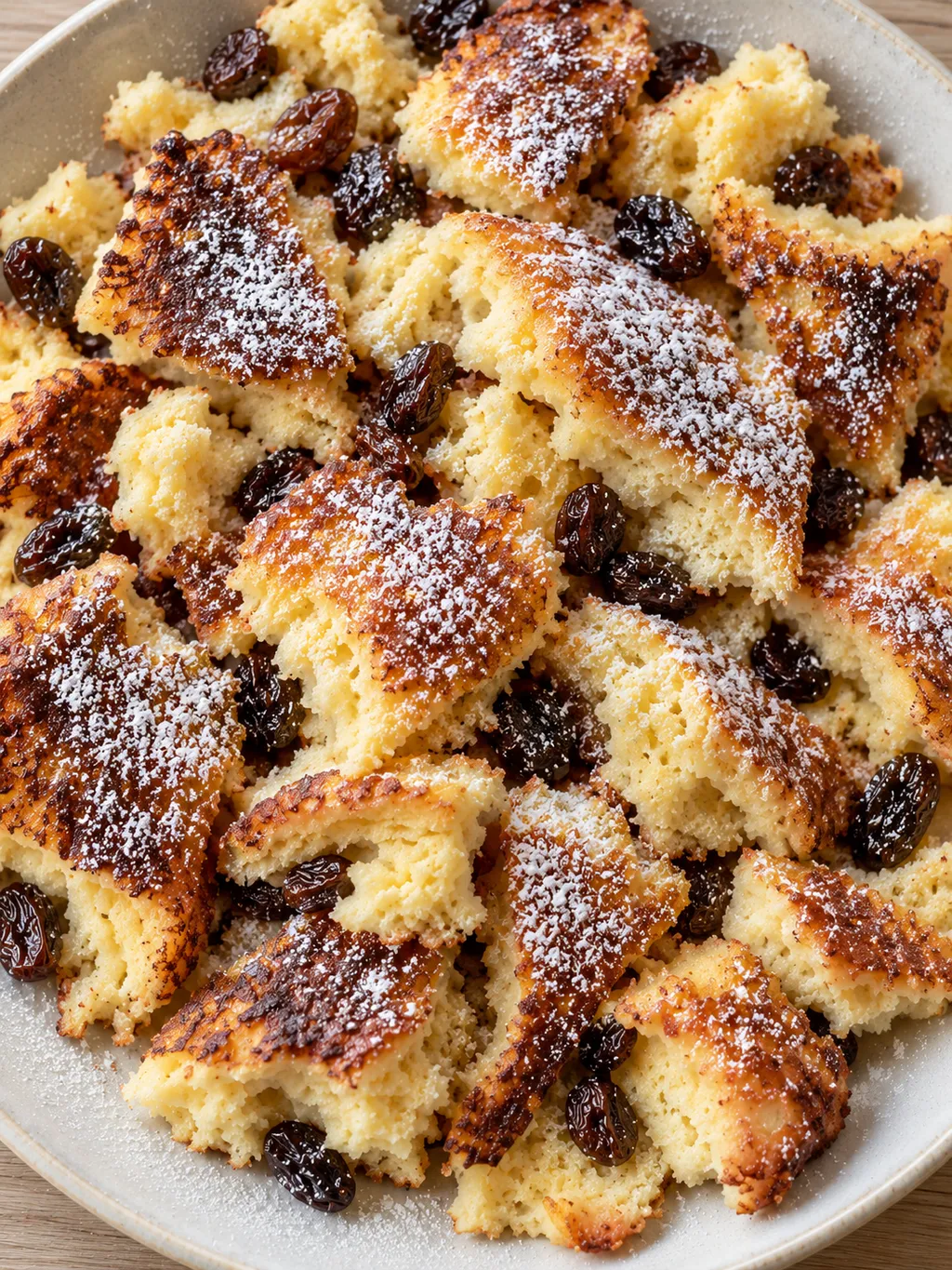 Kaiserschmarrn mit luftigen Bruchflächen, karamellisierten Rändern und Rosinen