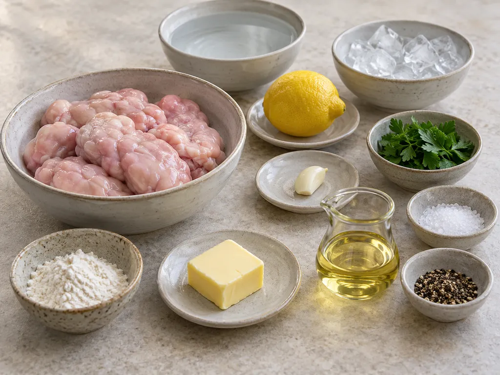 Kalbsbries, Mehl, Butter, Rapsöl, Knoblauch, Zitrone und Petersilie zur Zubereitung