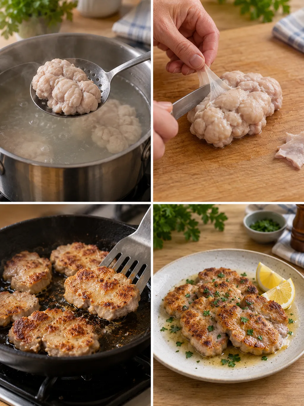 Kalbsbries beim Vorgaren, Putzen und Braten sowie fertig mit Zitronenbutter angerichtet