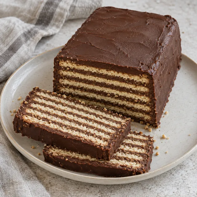 Kalter Hund mit fünf hellen Butterkeksschichten und dunkler Schokoladencreme