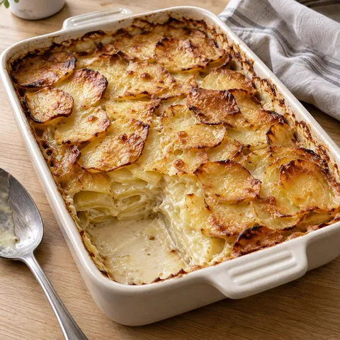 Kartoffelgratin ohne Käse mit goldbraunen Kartoffelscheiben und cremiger Knoblauchsahne