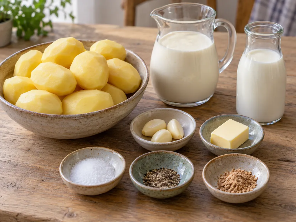 Kartoffeln, drei Knoblauchzehen, Butter, Sahne, Milch, Salz, Pfeffer und Muskat