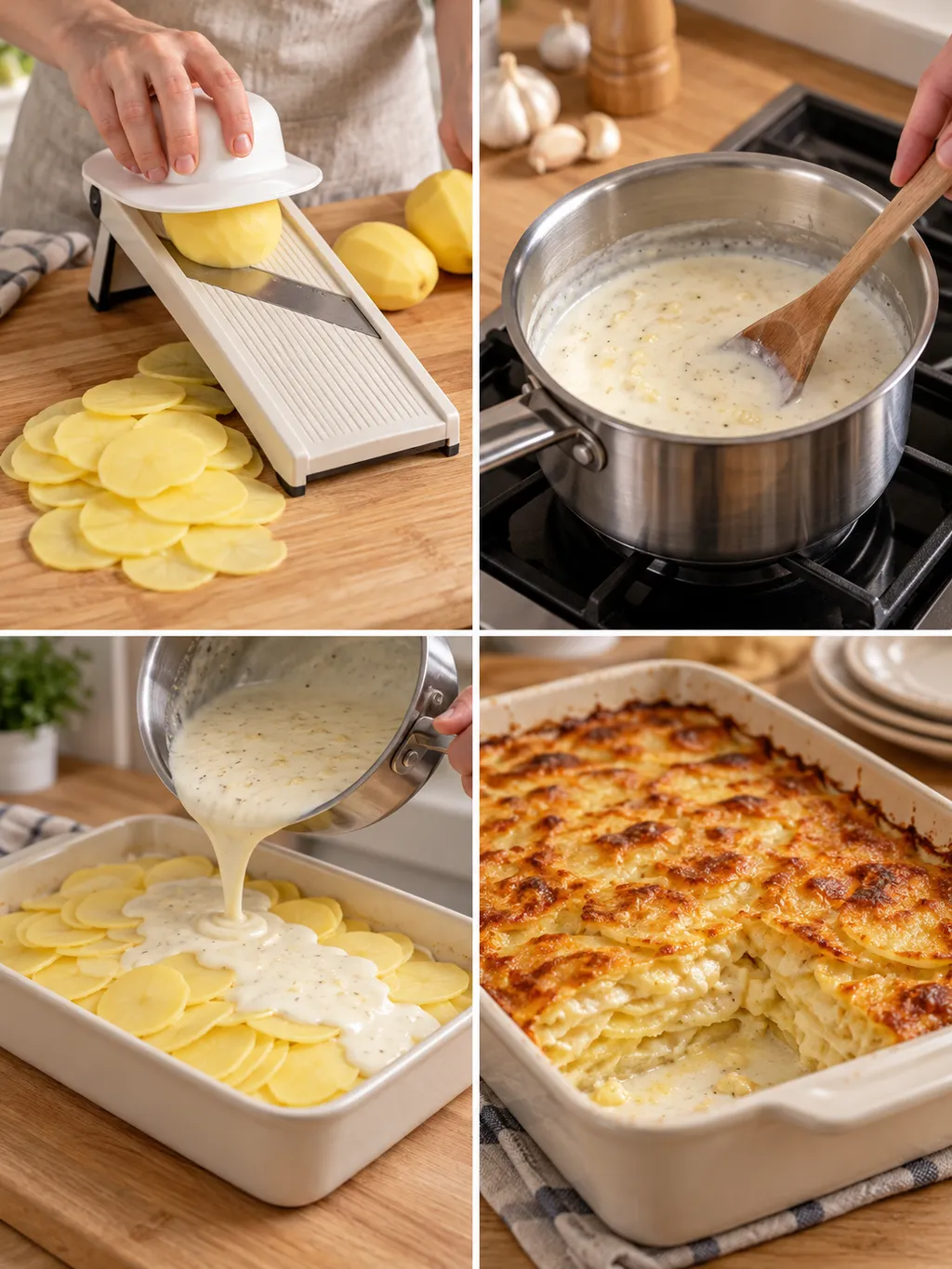 Kartoffeln schneiden, Knoblauchsahne erwärmen, Gratin schichten und fertig backen