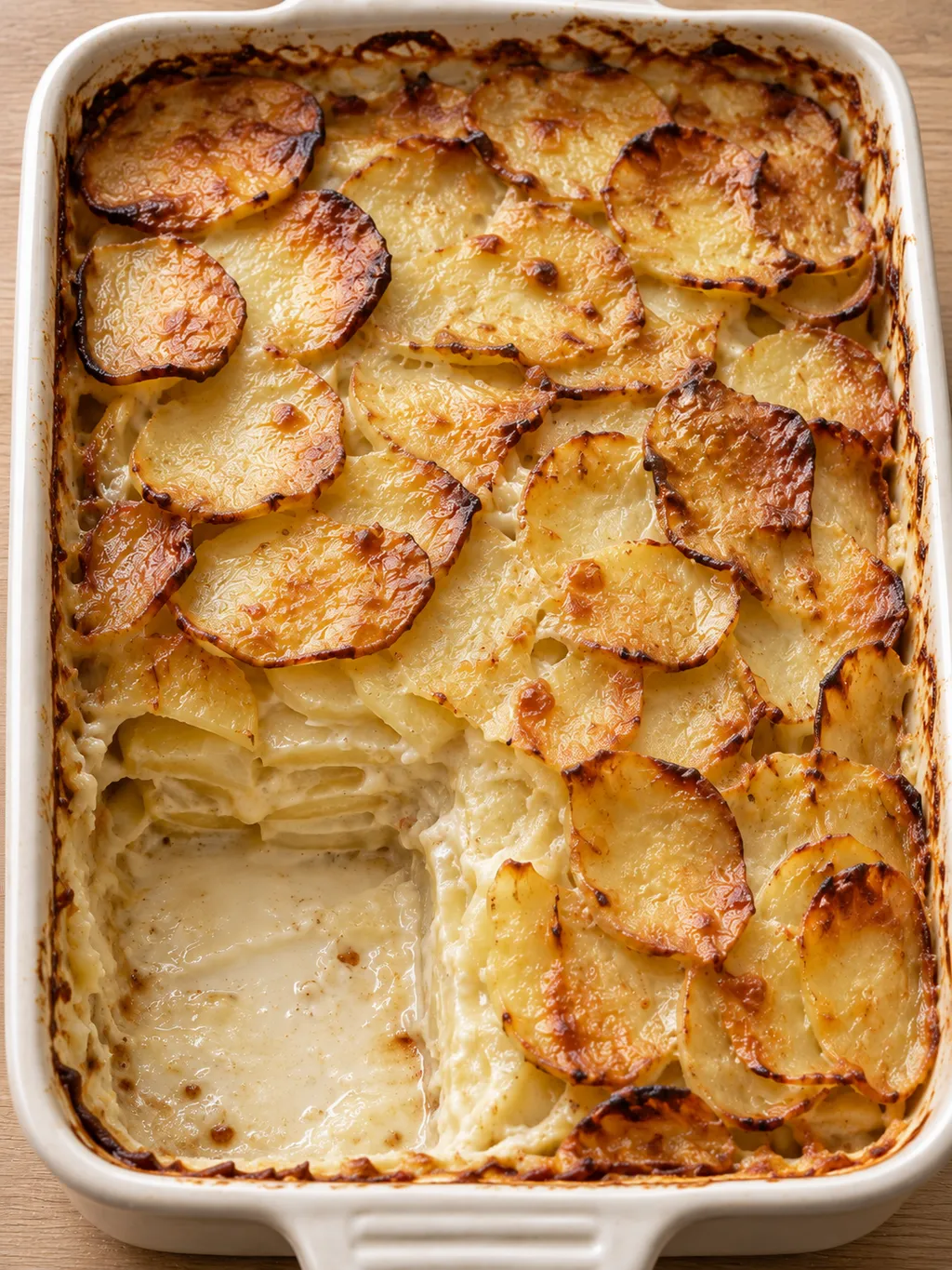 Goldbraunes Kartoffelgratin mit dünnen Schichten und heller Sahnesauce in einer Keramikform