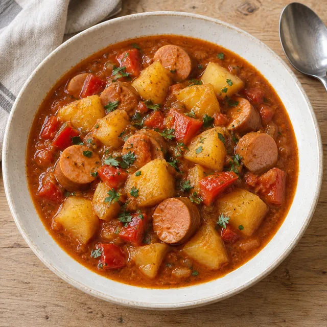 Kartoffelgulasch mit Wiener Würstchen, roter Paprika und Petersilie im tiefen Teller