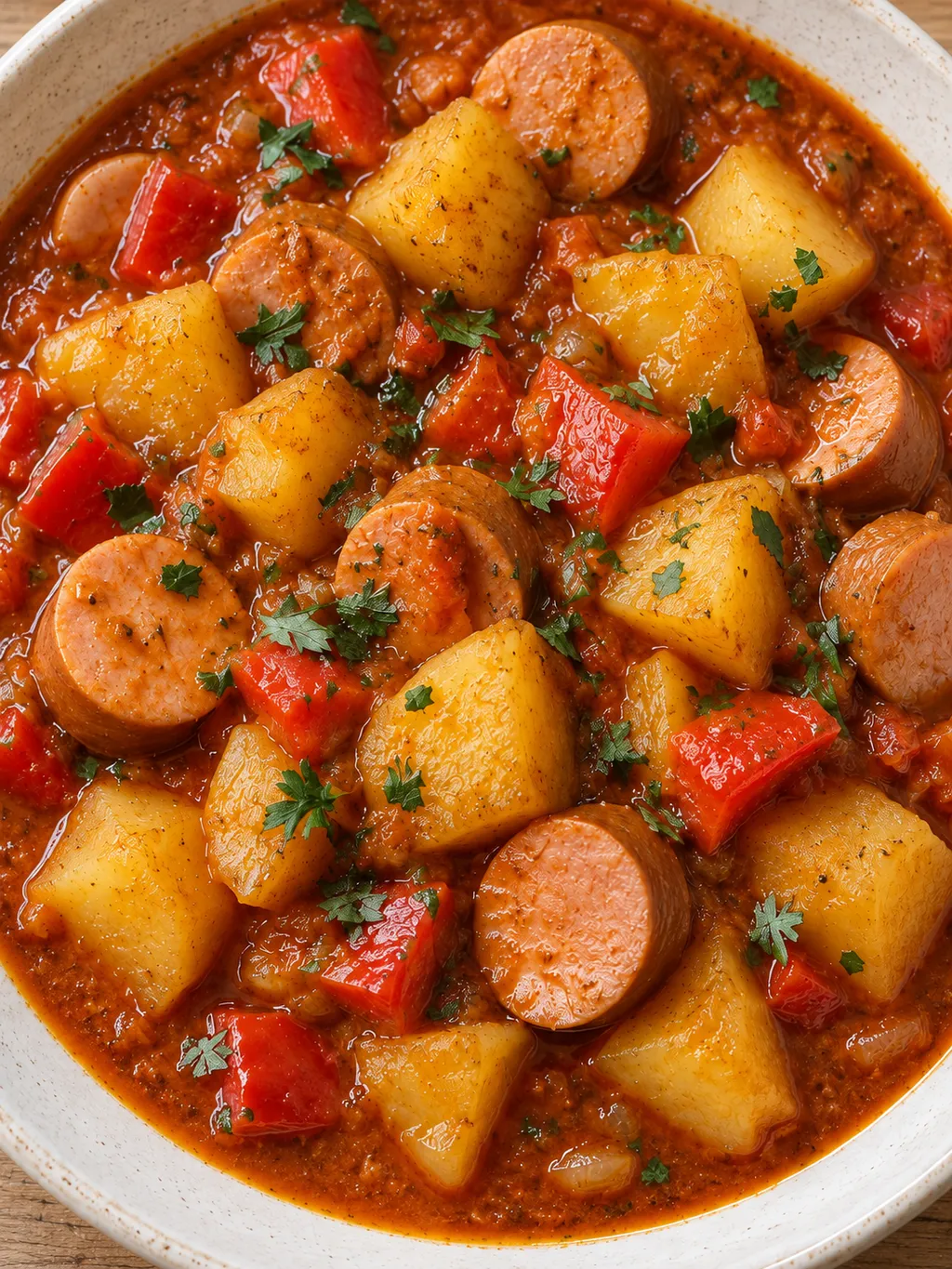 Sämiges Kartoffelgulasch mit Wienerscheiben, roten Paprikastücken und Petersilie