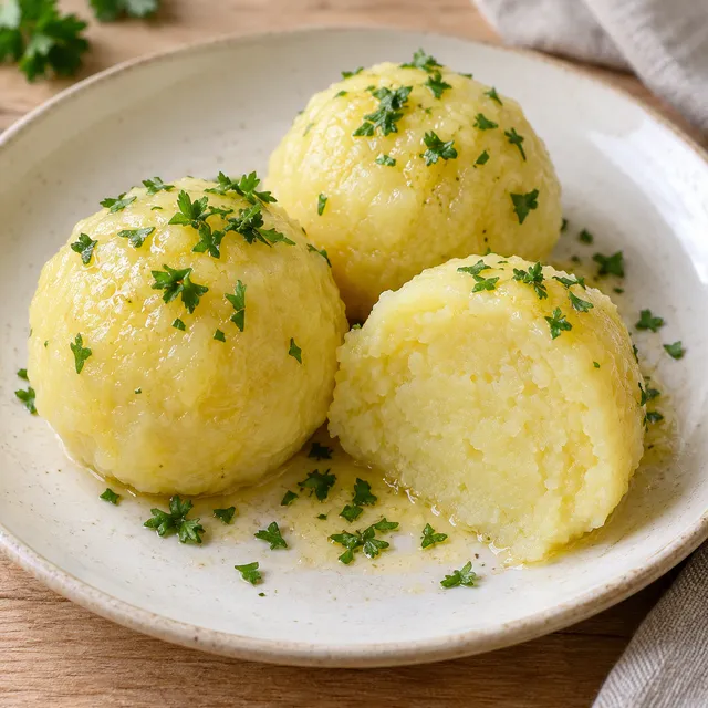 Kartoffelklöße mit Butter und Petersilie, ein Kloß mit sichtbarer Schnittfläche