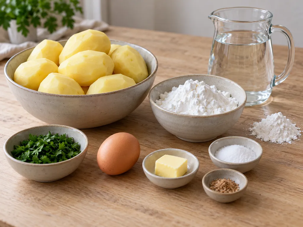 Kartoffeln, Kartoffelstärke, Ei, Salz, Muskat, Butter und Petersilie für Kartoffelklöße