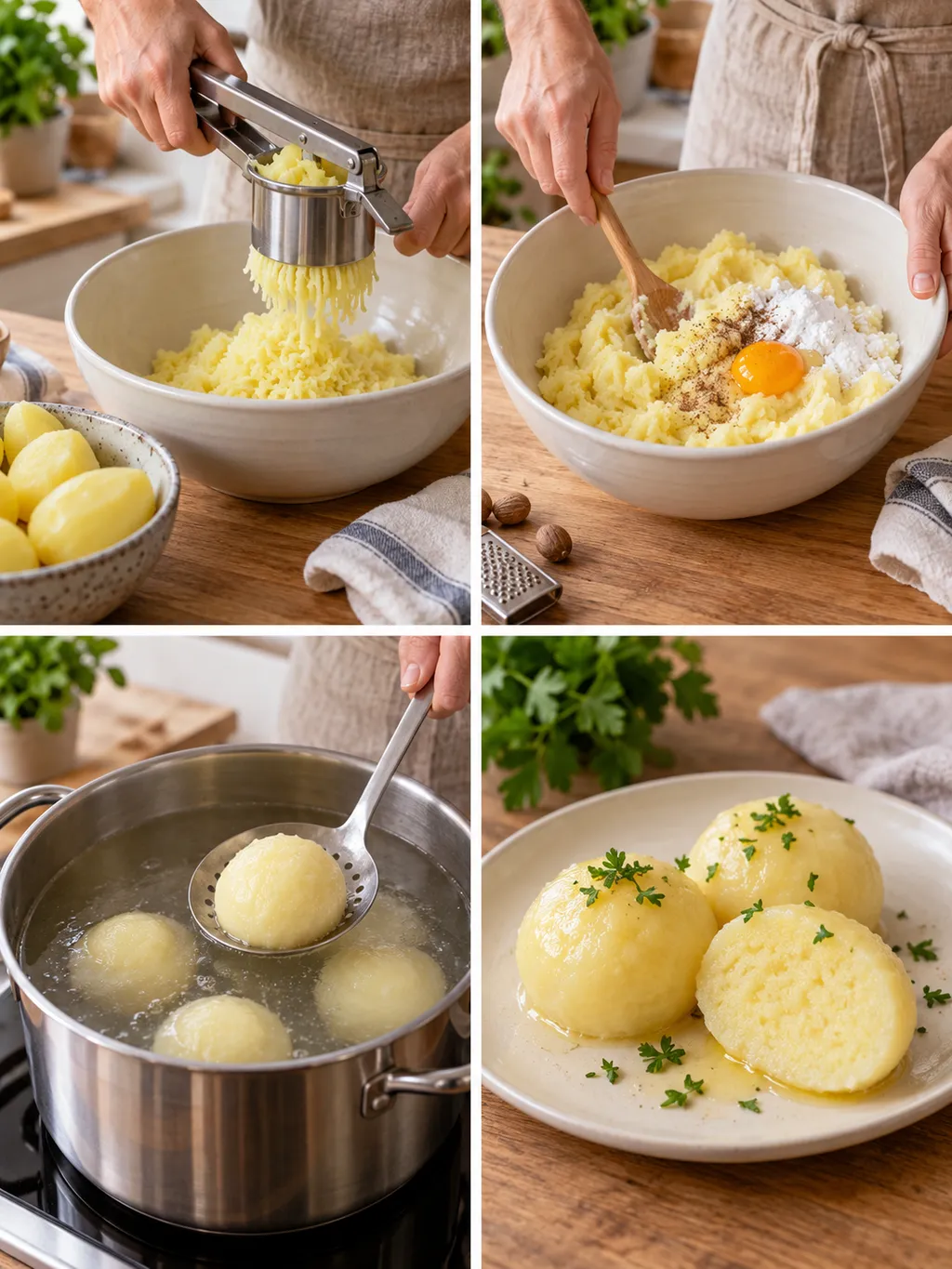 Kartoffeln pressen, Kloßteig mischen, Klöße garen und mit Butter und Petersilie servieren