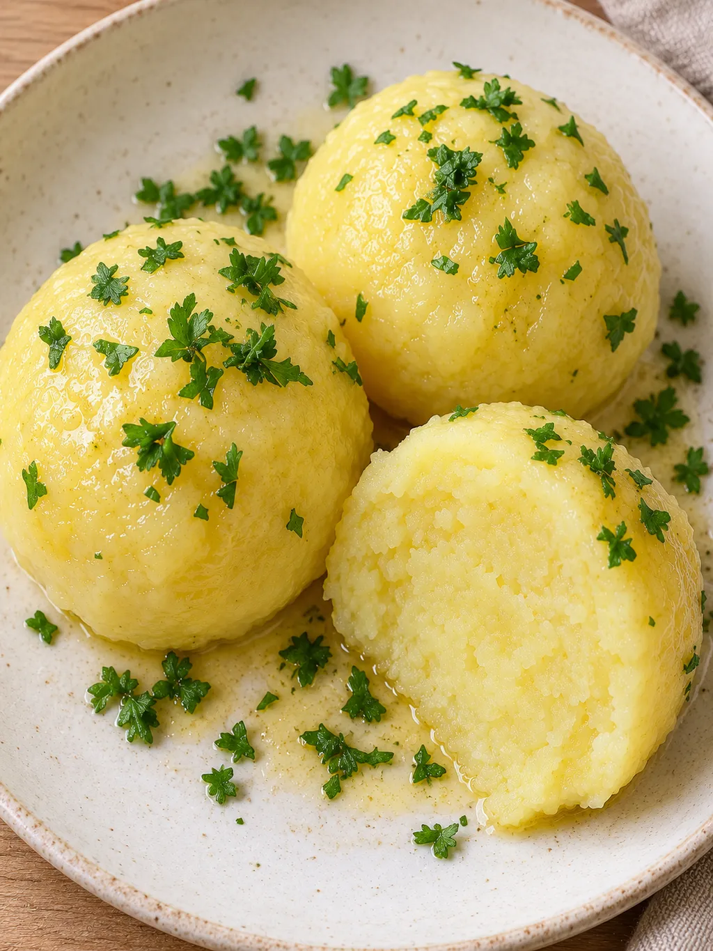 Weiche Kartoffelklöße mit Petersilie und dünnem Butterfilm auf einer hellen Platte