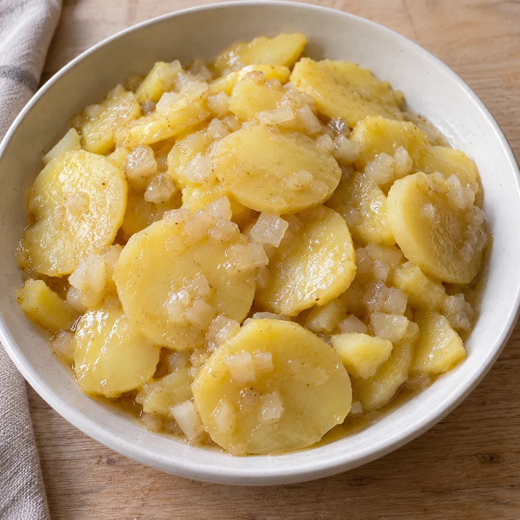 Kartoffelsalat mit glänzenden Kartoffelscheiben und gegarten Zwiebelwürfeln