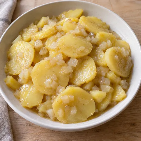 Kartoffelsalat mit glänzenden Kartoffelscheiben und gegarten Zwiebelwürfeln