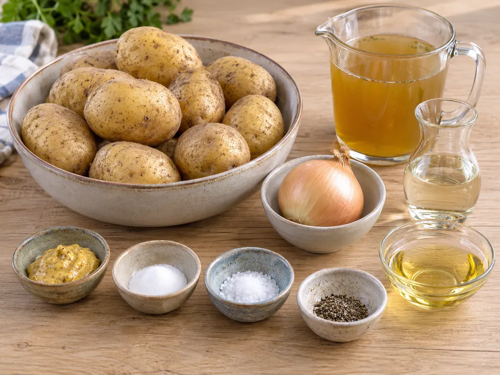 Kartoffeln, Zwiebel, Gemüsebrühe, Essig, Senf, Zucker, Salz, Pfeffer und Rapsöl