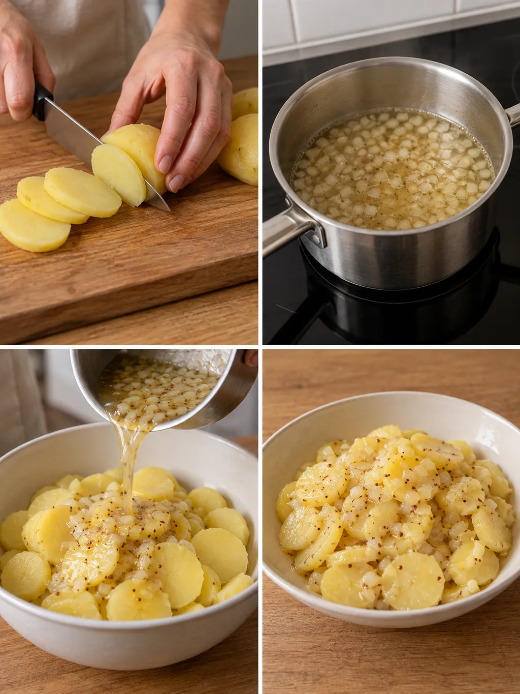 Kartoffeln schneiden, Zwiebelbrühe kochen, Sud angießen und fertigen Kartoffelsalat servieren