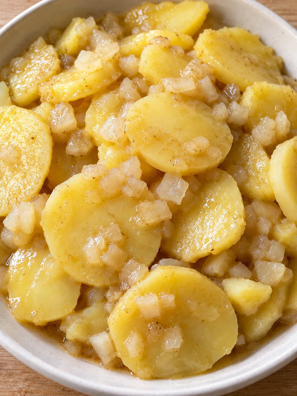 Saftiger Kartoffelsalat mit feinen Zwiebelwürfeln und hellem Essig-Brühe-Sud