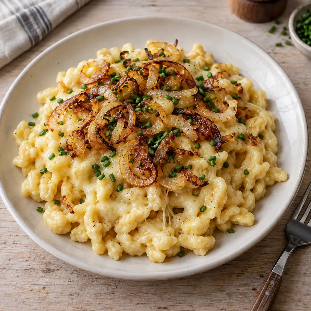 Käsespätzle mit geschmolzenem Käse, goldbraunen Zwiebeln und Schnittlauch