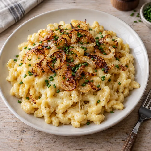 Käsespätzle mit geschmolzenem Käse, goldbraunen Zwiebeln und Schnittlauch