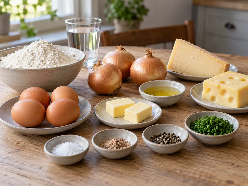 Mehl, vier Eier, Käse, Zwiebeln und weitere Zutaten für selbst gemachte Käsespätzle