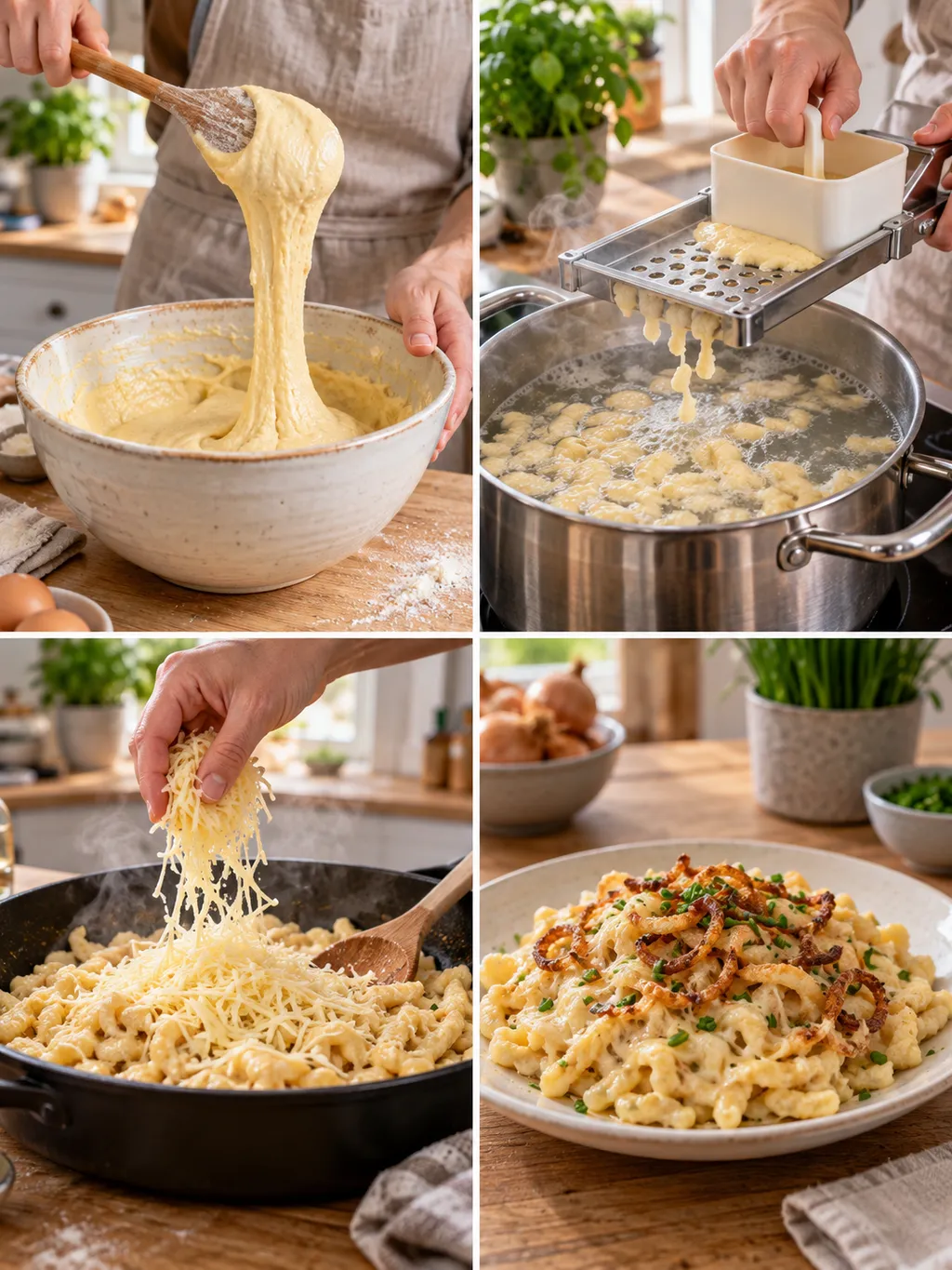 Spätzleteig schlagen, Spätzle garen, Käse schichten und fertige Käsespätzle servieren