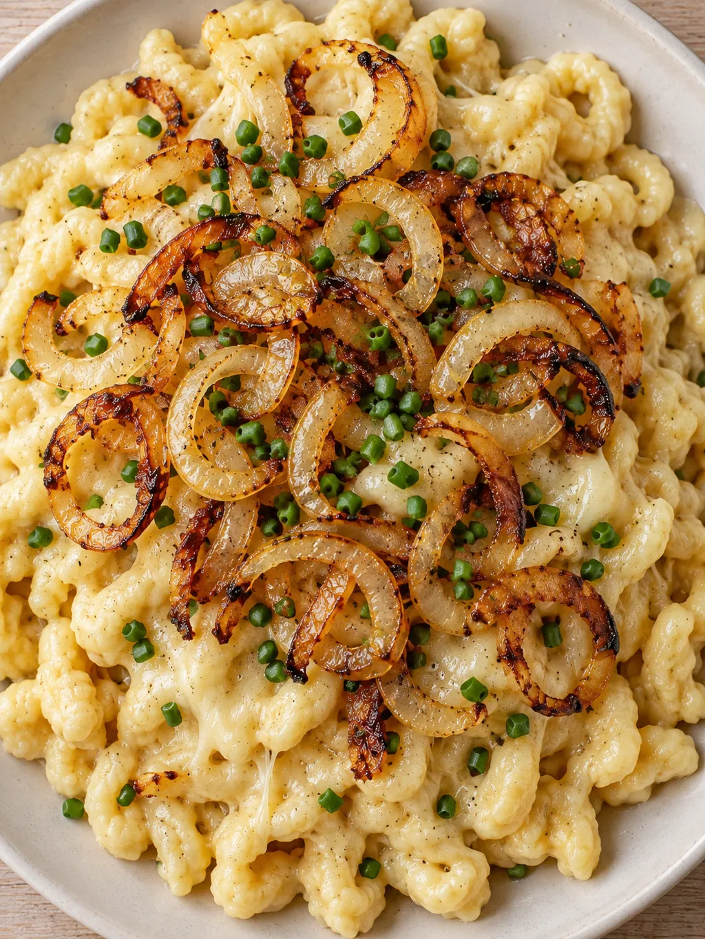 Käsespätzle mit Bergkäse, Emmentaler und gebratenen Zwiebeln auf einem hellen Teller