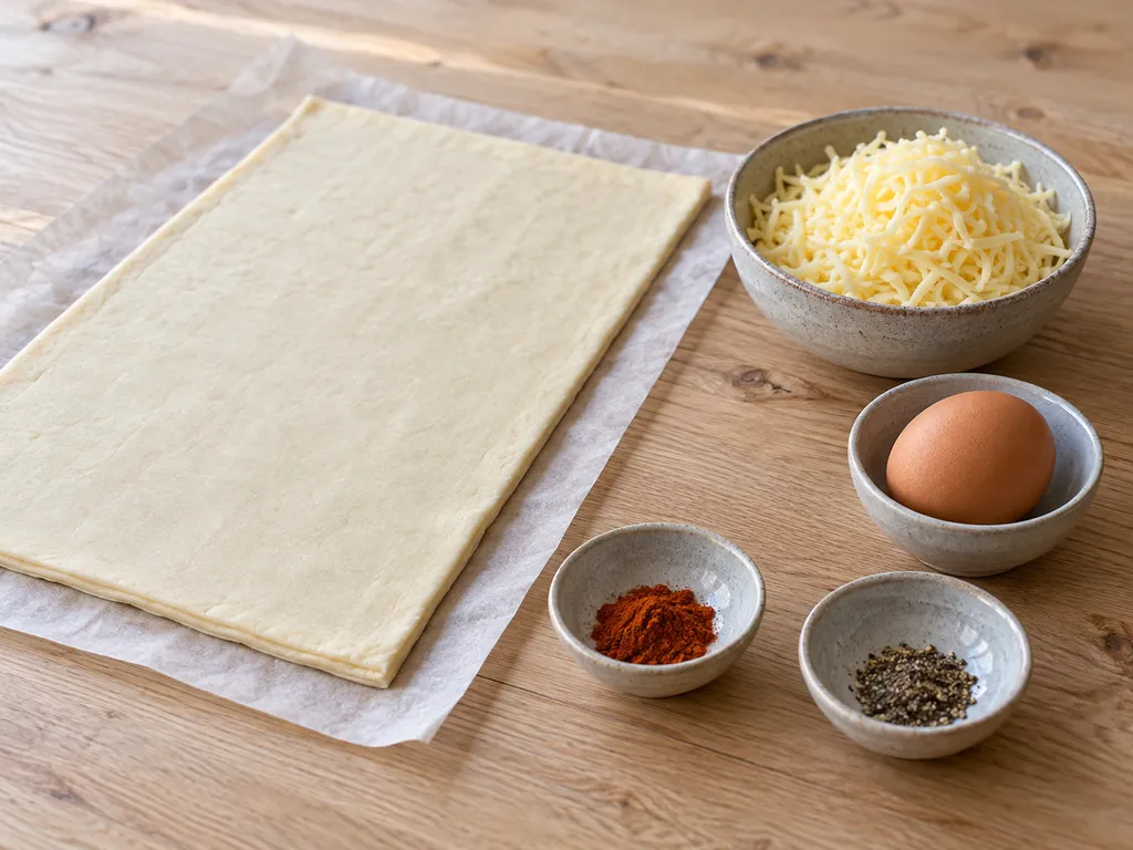 Blätterteig, geriebener Gouda, Ei, Paprikapulver und Pfeffer auf einer Holzfläche