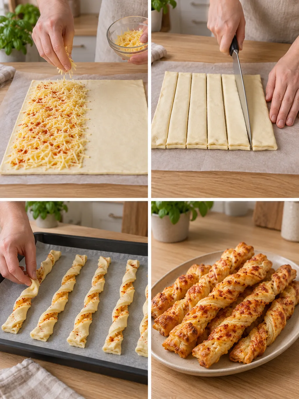 Käsestangen beim Füllen, Schneiden und Drehen sowie fertig gebacken auf einer Platte