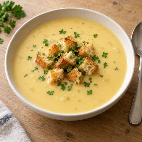 Cremige Käsesuppe mit goldbraunen Croûtons und Petersilie in einer hellen Schale