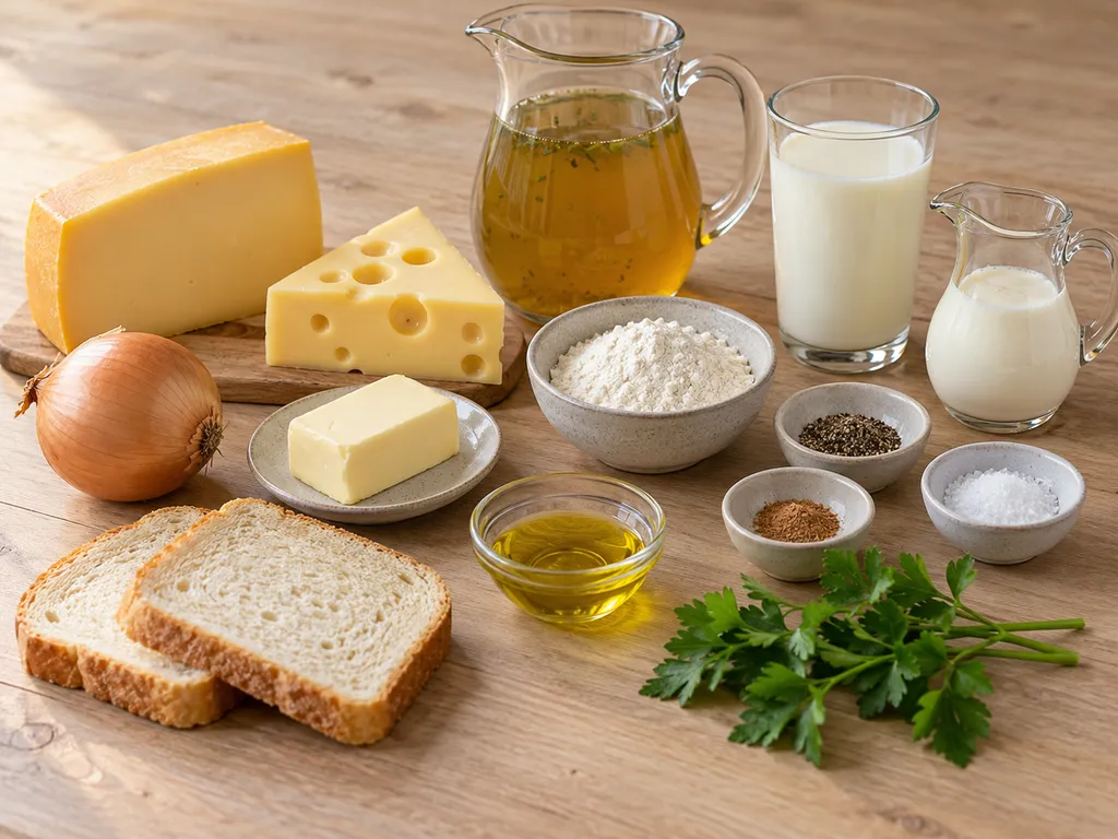 Gouda, Emmentaler, Zwiebel, Milch, Sahne und weitere Zutaten für Käsesuppe
