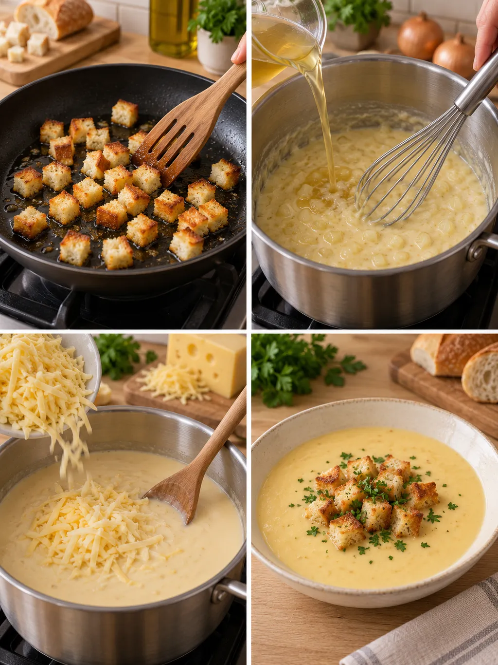 Croûtons rösten, Suppenbasis binden, Käse einrühren und Käsesuppe fertig servieren